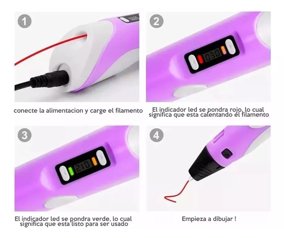 Lápiz 3d LCD color Violeta + Base + Cable USB + Filamentos PLA 3D 3DPEN-2 (SIN GARANTIA)
